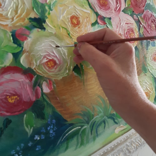 花のグラジオラスを描いた絵画。キャンバスに油絵。オリジナル