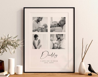May include: Black and white photo collage of a father and his child. The collage is framed in a black frame and has the text "Daddy I love you so much Love, Poppy" at the bottom.