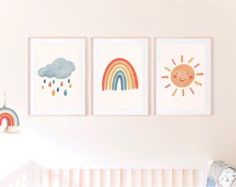 Boho Rainbow Nursery Prints, Sun, Cloud, Rainbow, Boho Nursery Decor, Bohemian Nursery, Nursery Wall Art, Rainbow Decor, Playroom Prints