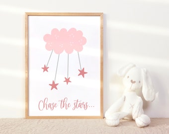 Cloud and Stars Print, Stars Nursery Wall Art, Chase the Stars, Girls Nursery Decor, Pink Nursery Prints, New Baby Girl Gift