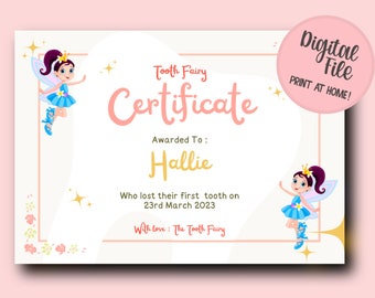Certificato stampabile personalizzato della Fatina dei Denti / Primo dente perso / Certificato della Fatina dei Denti / Certificato della Fatina dei Denti per bambini / Dente perso