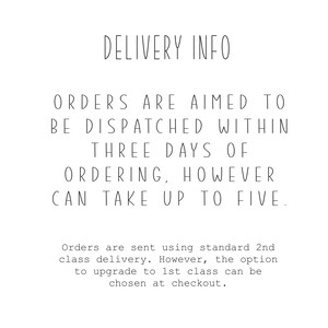 Puede incluir: Imagen de texto con el encabezado "DELIVERY INFO". El texto explica que los pedidos est&aacute;n destinados a ser despachados dentro de los tres d&iacute;as posteriores al pedido, sin embargo, pueden tardar hasta cinco d&iacute;as. Tambi&eacute;n indica que los pedidos se env&iacute;an mediante entrega est&aacute;ndar de 2.&ordf; clase, pero la opci&oacute;n de actualizar a 1.&ordf; clase se puede elegir al finalizar la compra.
