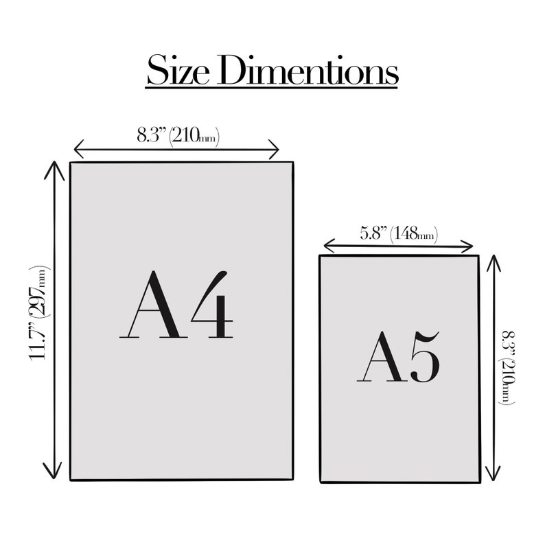 Puede incluir: Un diagrama que muestra las dimensiones de los tama&ntilde;os de papel A4 y A5. El papel A4 mide 8,3 pulgadas por 11,7 pulgadas, o 210 mil&iacute;metros por 297 mil&iacute;metros. El papel A5 mide 5,8 pulgadas por 8,3 pulgadas, o 148 mil&iacute;metros por 210 mil&iacute;metros.