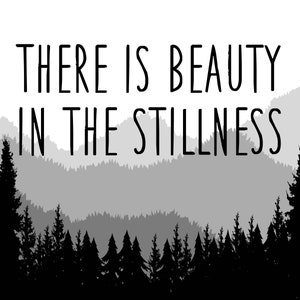 May include: Black and white image of a forest with a quote that reads "There is beauty in the stillness".