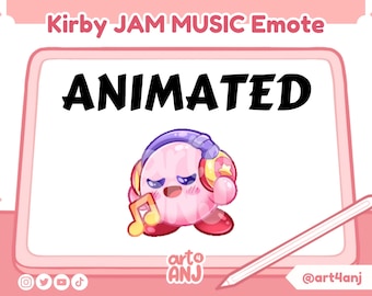 May include: Animated digital illustration of a pink Kirby character wearing headphones and holding a musical note. The text "ANIMATED" is above the character. The text "art4anj" is in the bottom right corner of the image.