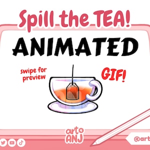 Può includere: Uno schermo di tablet rosa con il testo "Spill the TEA! ANIMATED GIF!" e un'illustrazione di cartone animato di una tazza di tè con una bustina di tè. Il testo "swipe for preview" è sotto la tazza di tè. Il tablet è su una superficie rosa con uno stilo bianco.