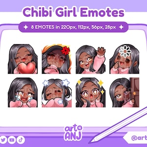 Chibi Girl Black Hair | Emote Set for Twitch, Discord or Youtube Streaming | Brown Eyes, Dark Skin