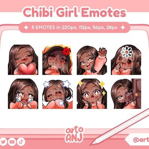 Chibi Girl Brown Hair | Emote Set for Twitch, Discord or Youtube Streaming | Brunette, Brown Eyes, Dark Skin