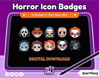 May include: A digital download of 10 horror icon badges featuring characters like Freddy Krueger, Jason Voorhees, and Pennywise. The badges are available in three sizes: 72 pixels, 36 pixels, and 18 pixels.