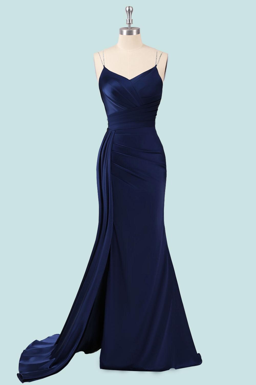 Navy simple satin prom dress, slit party dress