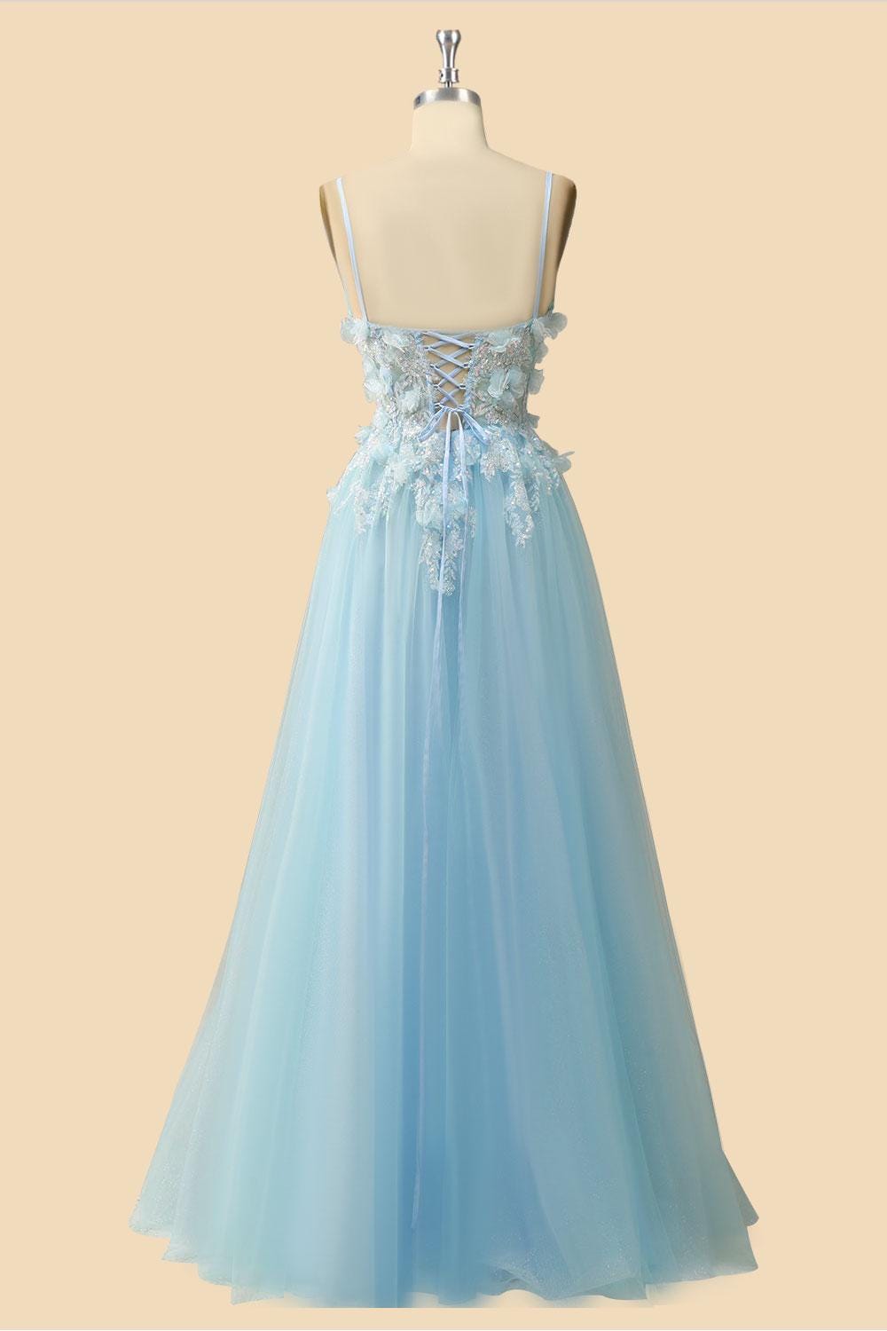 Shining Blue Tulle Party Dress, Custom Belt Closure Evening