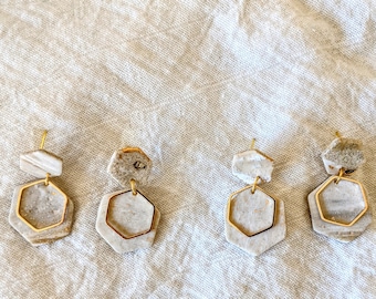 Sparkly White Clay Earrings | Gold and White Earrings | Gold Flake Earrings | Sea Salt Stone Earrings | Handmade Earrings | Hexagon Earrings