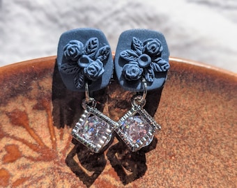 Blue Floral Earrings, Vintage Earrings, Elegant Clay Earrings, Clay Earrings with Charms, Handmade Jewelry, Gift for Her, Jewelry for Women
