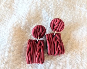 Red Loop Earrings, Knitted Polymer Clay, Handmade, Red Braids, Clay Earrings, Gifts for Women, Red Jewelry, Unique, Ruby Earrings for Women