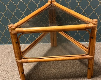 Bamboo Cane And Wicker Triangle Small Vintage Corner Table Glass Shelved Boho