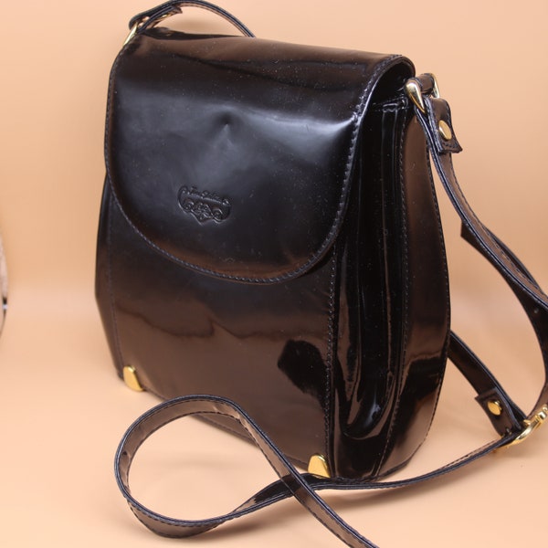 Vintage Black & Gold Hardware 80's Patent Cross Body Smart Leather Bag By Jane Shilton