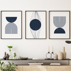 Set of 3 Navy Wall Art | Living Room Art | Mid Century Modern Art | Gallery Wall Set | Navy Blue Terracotta Print | Minimalist Abstract Art