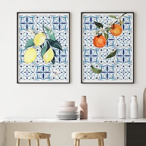 Moroccan Tiles Wall Art, Citrus Botanical Illustration, Spanish Tiles Farmhouse Decor, Set of 2 Art Print, Mediterrean Living Room Art Decor