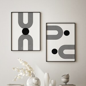 Set di 2 stampe artistiche in bianco e nero, forme geometriche astratte, arte moderna di metà secolo, stampe artistiche giclée, stampe artistiche da parete per gallerie