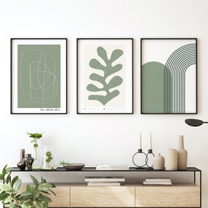 Set of 3 Art Print, Sage Green Art, Wall Art Decor, Matisse Cut Outs, Henri Matisse Inspired Art, Abstract Shapes Print, Minimalist Line Art