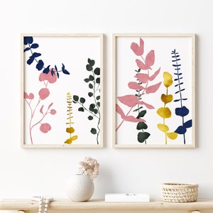 Set of 2 Botanical Art Prints, Greenery Branches and Leaf, Eucalyptus Baby Blue Wall Art, Eucalyptus Silver Dollar Gold Foil Art, Leaf Print