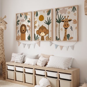 Safari Nursery Wall Art, Animal Nursery Print Bundle, Jungle Nursery Print, Kid Room Boho Wall Art Decor, Nursery Wall Decor, Set of 3 Print