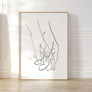 Impresión de dibujo de una línea / Arte de amor en blanco y negro / Póster de manos tomadas / Regalo para pareja / Arte de una sola línea / Regalo de San Valentín para ella