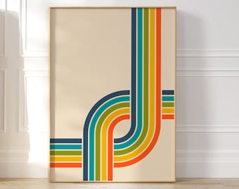 Stampa artistica retrò vintage, poster arcobaleno retrò anni '70, estetica artistica anni '70, arte colorata e groovy, stampa artistica Bauhaus, decorazione murale alla moda