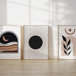 Conjunto de 3 láminas de arte moderno de mediados de siglo, arte abstracto bohemio con rayos de sol, arte mural de galería en terracota, póster geométrico, arte abstracto de arcoíris.