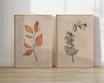 Set of 2 Watercolour Art Prints, Botanical Prints, Vintage Art Prints, Rustic Print, Boho Decor, Vintage Printable Art, Minimal Art, Digital