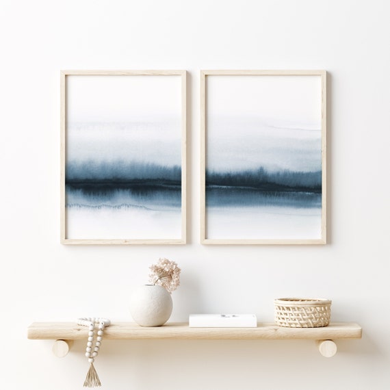 Set of 2 Abstract Watercolour Lake Art, Landscape Watercolor Painting, Modern Nature Watercolour Wall Art, Blue Water Reflections Art Print
