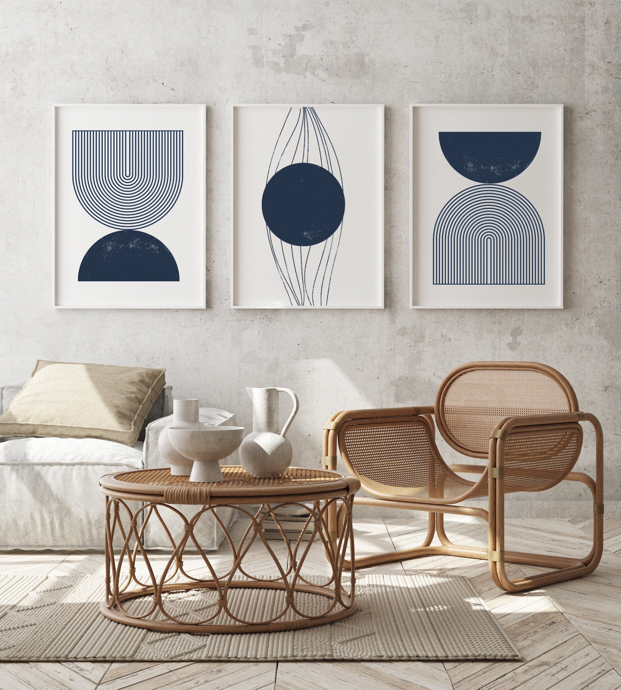 Set of 3 Navy Wall Art / Living Room Art / Mid Century Modern Etsy España