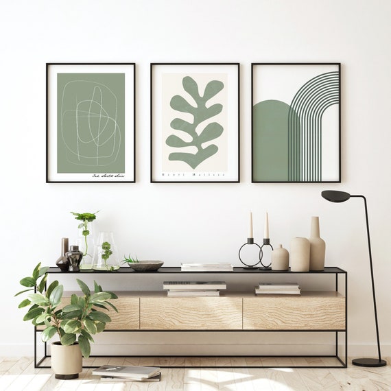 Set of 3 Art Print, Sage Green Art, Wall Art Decor, Matisse Cut Outs, Henri Matisse Inspired Art, Abstract Shapes Print, Minimalist Line Art