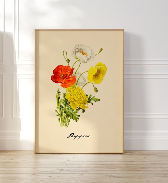 Vintage Botanical Poster, Retro Wall Art, Antique Flowers Art, Vintage Poppies Art, Mid Century Floral Art Print, Kitchen Wall Art Decor