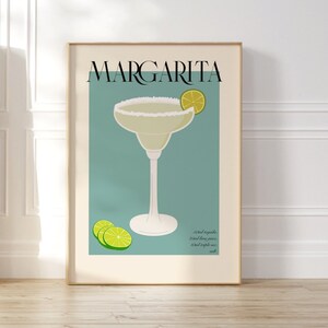Margarita Cocktail Poster, Retro Drink Recipe Colourful Art, Vintage Bar Print, Wall Art Decor, Above Bar Cart Decor, Liquor Wall Art Print