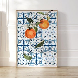 Moroccan Tiles Wall Art, Citrus Botanical Illustration, Spanish Tiles Farmhouse Decor, Blue and White Art, Mediterrean Living Room Art Decor