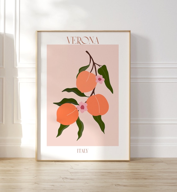 Verona Art Print, Italy Poster, Fruit Illustration Print, Kitchen Wall Art Decor, Dining Room Decor, Peaches Illustration, Still Life Art