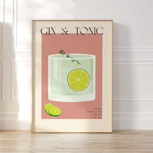 Gin Tonic Cocktail Poster, Retro Drink Recipe Colourful Art, Vintage Bar Print, Wall Art Decor, Above Bar Cart Decor, Liquor Wall Art