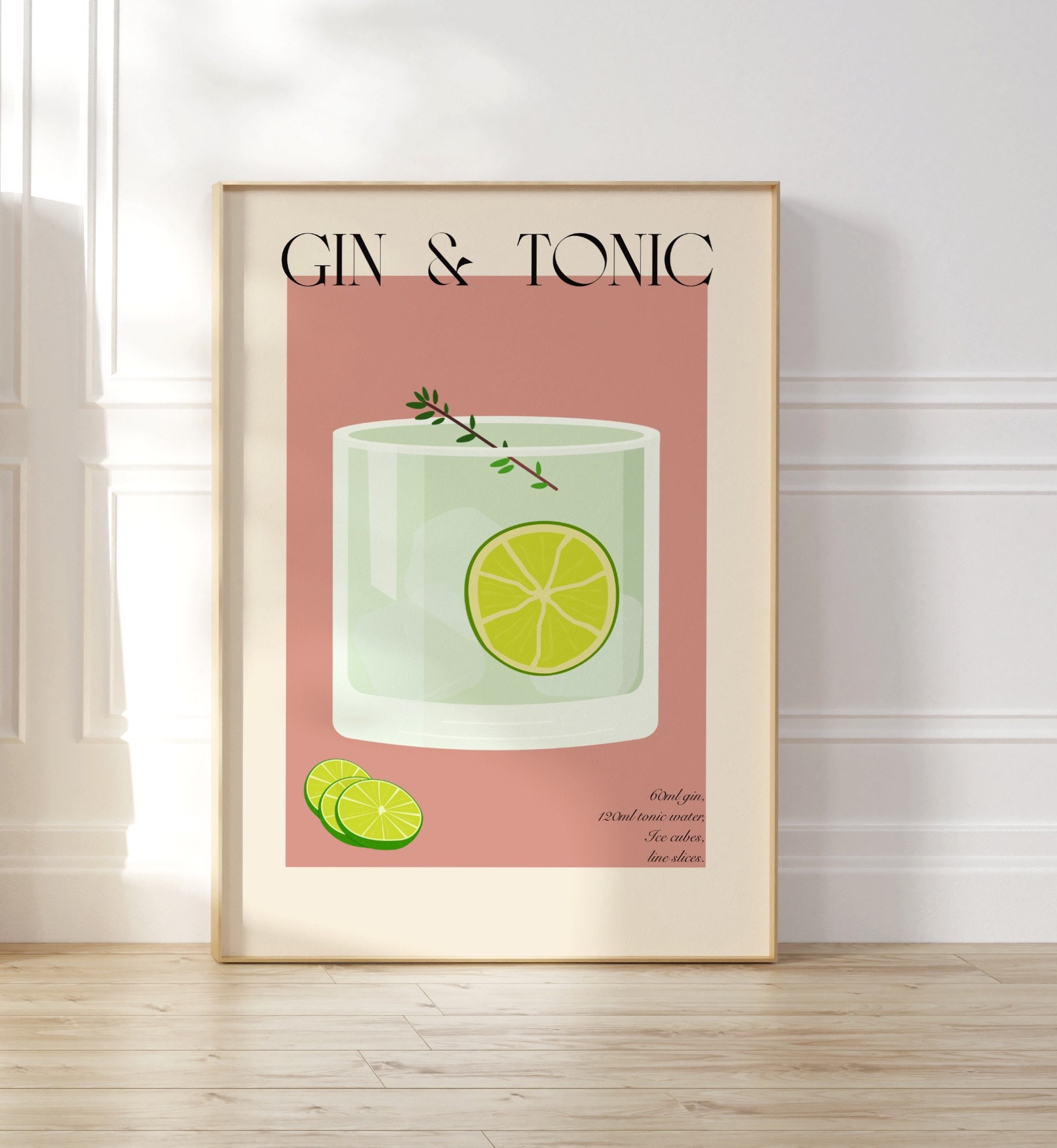 Gin Tonic Cocktail Poster, Retro Drink Recipe Colourful Art, Vintage Bar Print, Wall Art Decor, Above Bar Cart Decor, Liquor Wall Art
