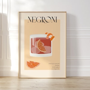 Negroni Cocktail Poster, Retro Drink Recipe Colourful Art, Vintage Bar Print, Wall Art Decor, Above Bar Cart Decor, Liquor Wall Art Print