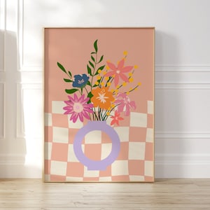 Floral Illustration Art, Wall Art Decor, Checkered Vintage Inspired Art, Pink Flowers Art, Colourful Botanical Art, Retro Vase of Flowers
