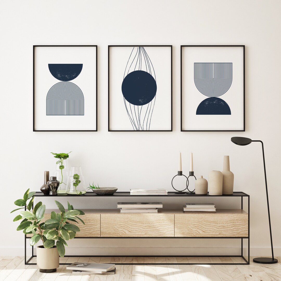 Set of 3 Navy Wall Art | Living Room Art | Mid Century Modern Art ...