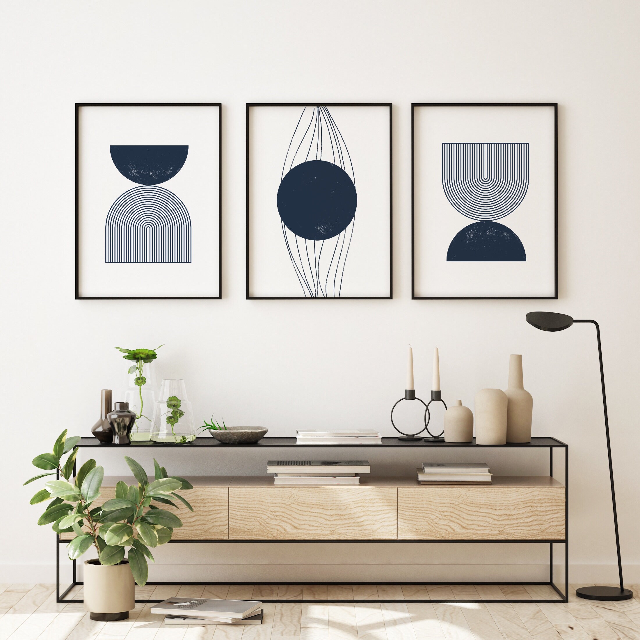 Set of 3 Navy Wall Art Living Room Art Mid Century Modern - Etsy