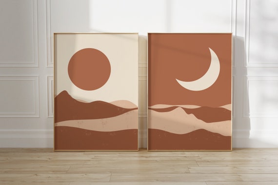 Set of 2 Sun and Moon Art Print, Minimalist Landscape Wall Art, Nature Art Print, Boho Neutral Minimal Art, Nursery Wall Art, Boho Print Set
