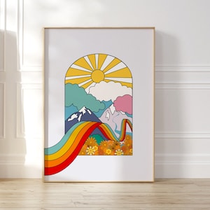 Psychedelic 70s Print | Retro Vintage Wall Art | Abstract Landscape Art Print | Mind Manifesting Art | Bohemian Art Print | Rainbow Forrest