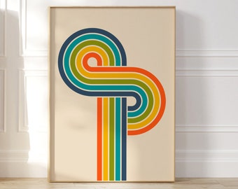 Stampa artistica retrò vintage, poster arcobaleno retrò anni '70, estetica artistica anni '70, arte colorata e alla moda, stampa artistica di metà secolo, decorazione murale alla moda
