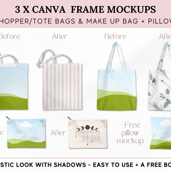 Canva Mockups, Shopper Bag Mockup, Tote bag Mockup, Makeup Bag, Canvas Bag Mockup, Print Mockup, Pillow Mockup, Digital Mockups