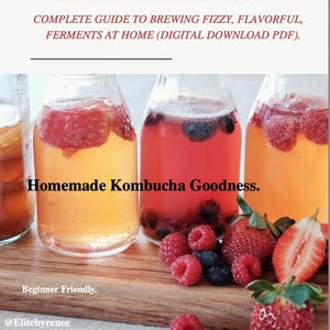 Könnte beinhalten: Bild von hausgemachtem Kombucha in Glasflaschen mit frischen Beeren. Der Text lautet "Homemade Kombucha Craft: The Ultimate Handbook!" und "Complete Guide to Brewing Fizzy, Flavorful, Ferments at Home (Digital Download PDF)."
