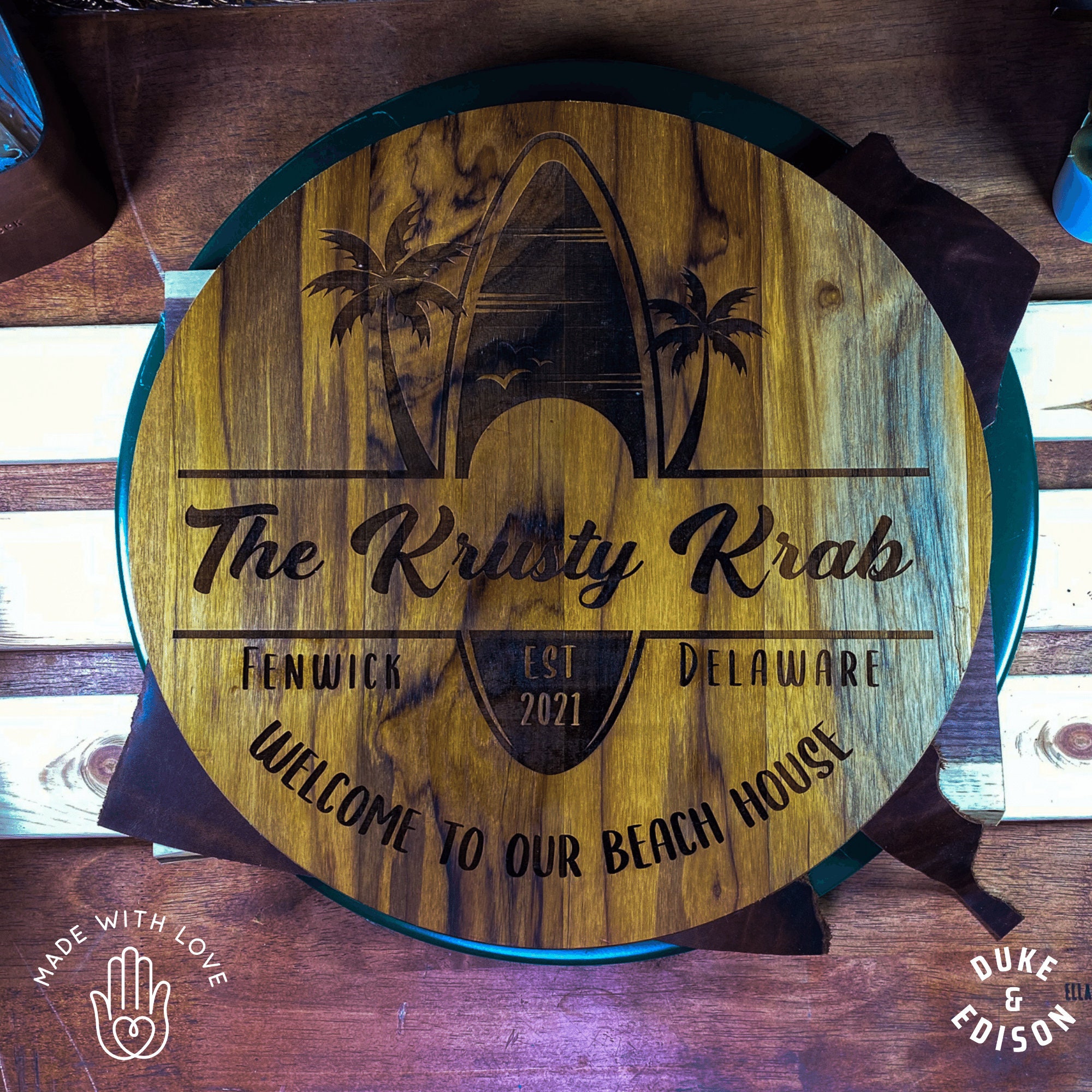 Teak Beach House Sign Personalized Round Wood Beach House Sign Etsy