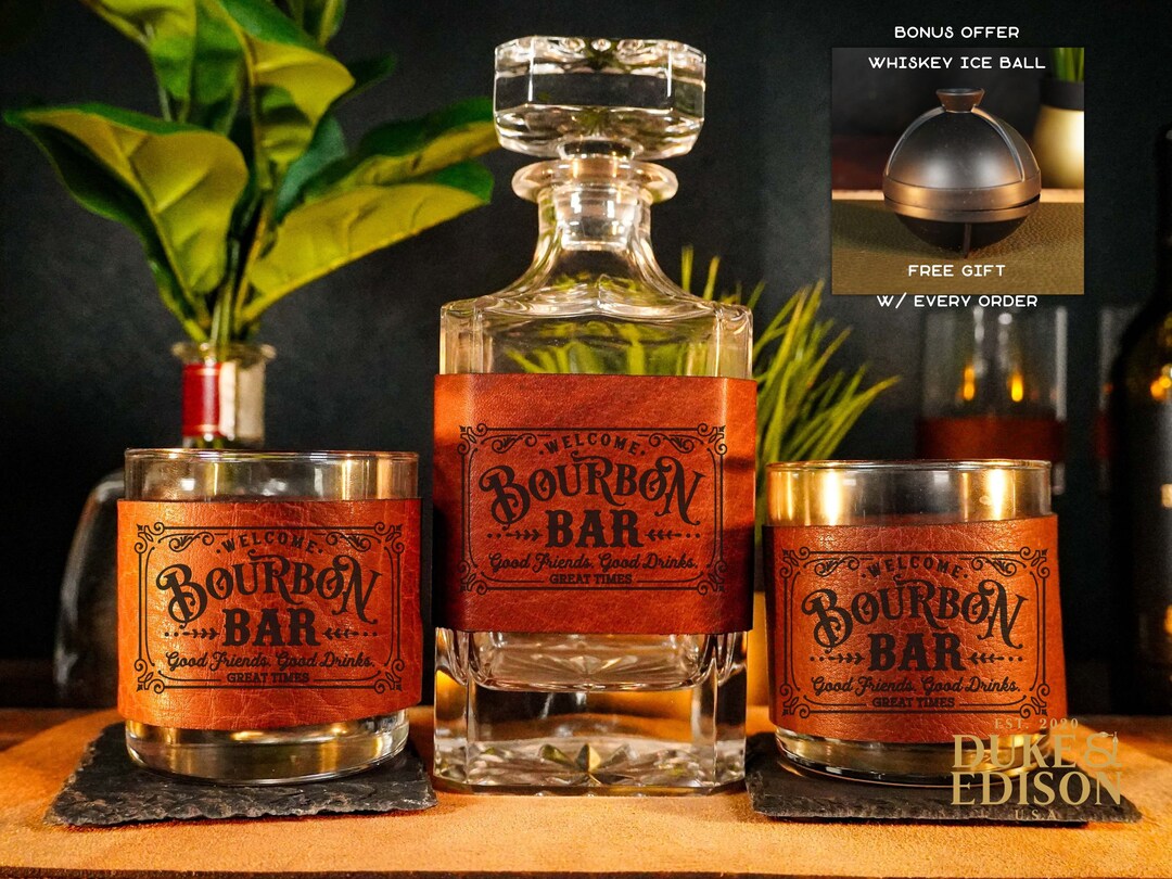 Decanter Set Personalized Leather Wrapped, Bourbon Glasses, Free Ice ...
